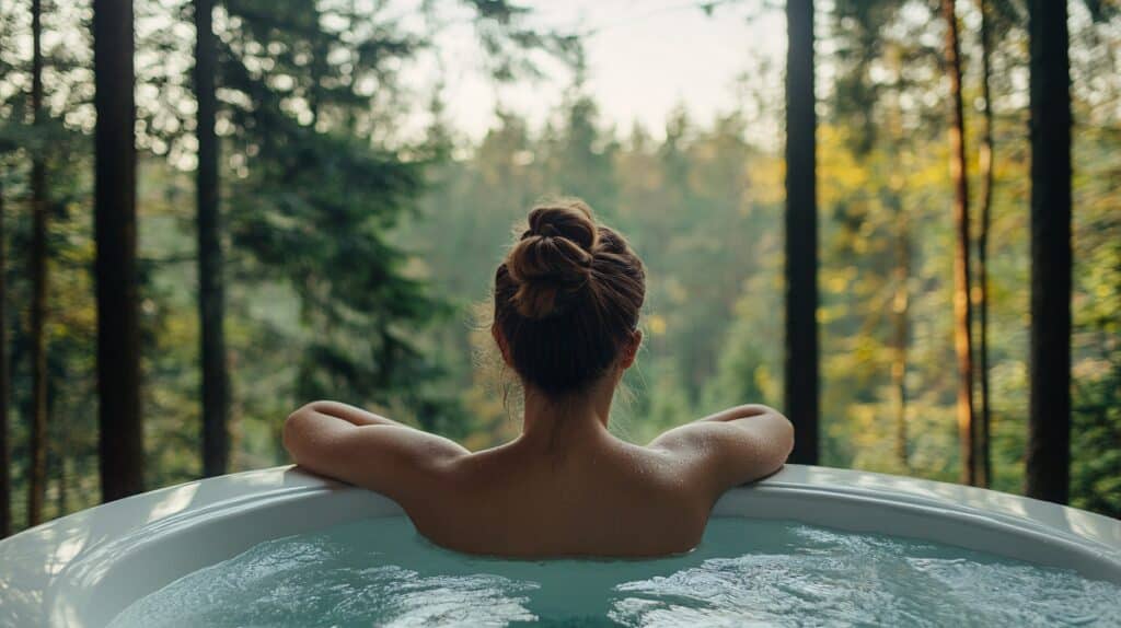 Femme de dos relaxant dans un jacuzzi en extérieur, vue sur une forêt luxuriante et apaisante. Moment de bien-être nature.