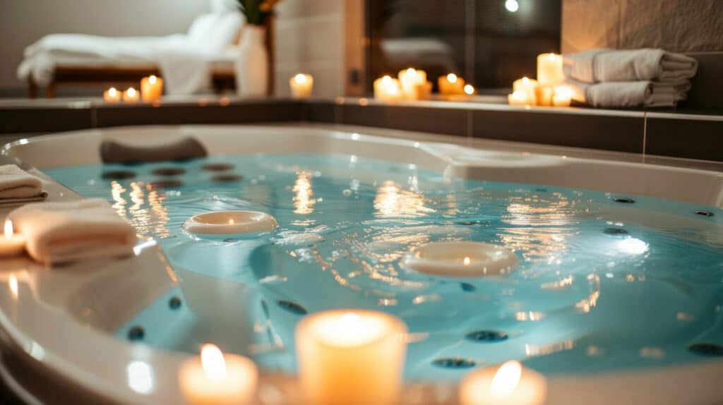 Jacuzzi lumineux avec bougies flottantes et serviettes douces, créant une ambiance de spa relaxante. Chambre en arrière-plan.
