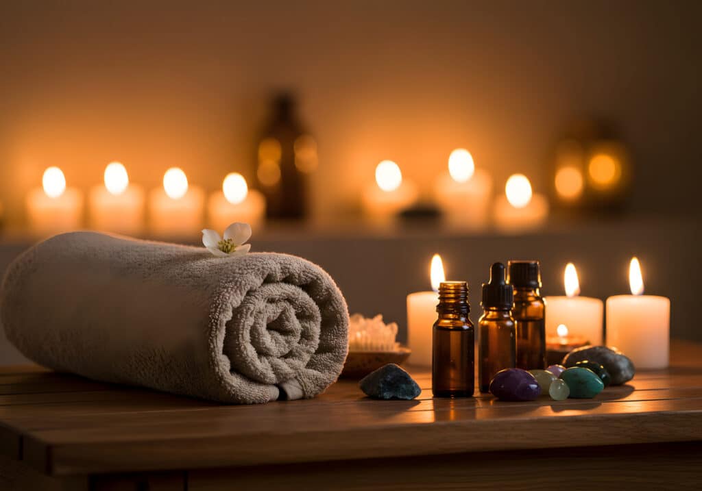 Serviette de spa roulée avec fleur, huiles essentielles, bougies allumées et pierres sur bois. Ambiance chaleureuse et relaxation.