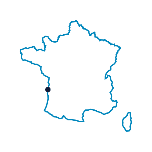 Carte de France avec un point bleu foncé situé sur la côte ouest, près de l'estuaire de la Gironde.