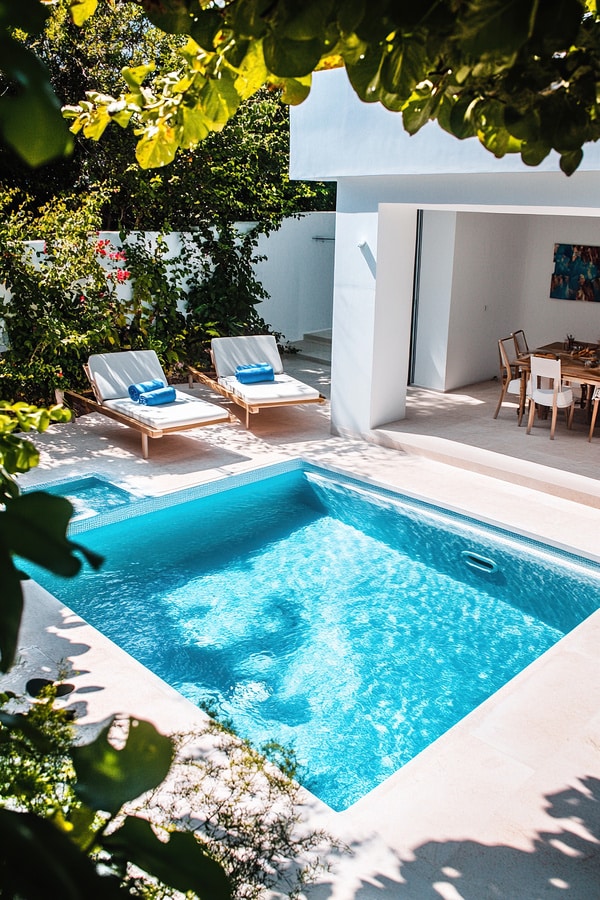 Petite piscine carrée en fond de jardin