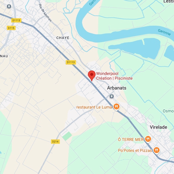 Map montrant l'emplacement de Wonderpool Création | Pisciniste à Arbanats, près de la D1113 et de la Garonne.