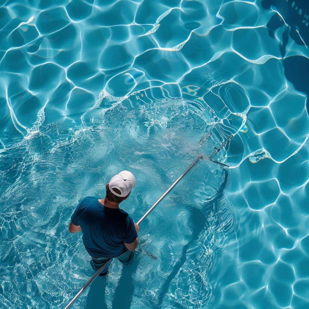 Un homme en casquette blanche nettoie une piscine bleue claire avec un filet à long manche, vu du dessus. L'eau ondule.