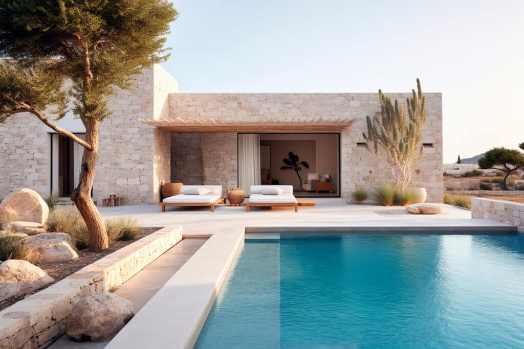 Villa moderne en pierres claires avec piscine bleue azur, transats minimalistes et olivier tortueux. Design méditerranéen luxueux.