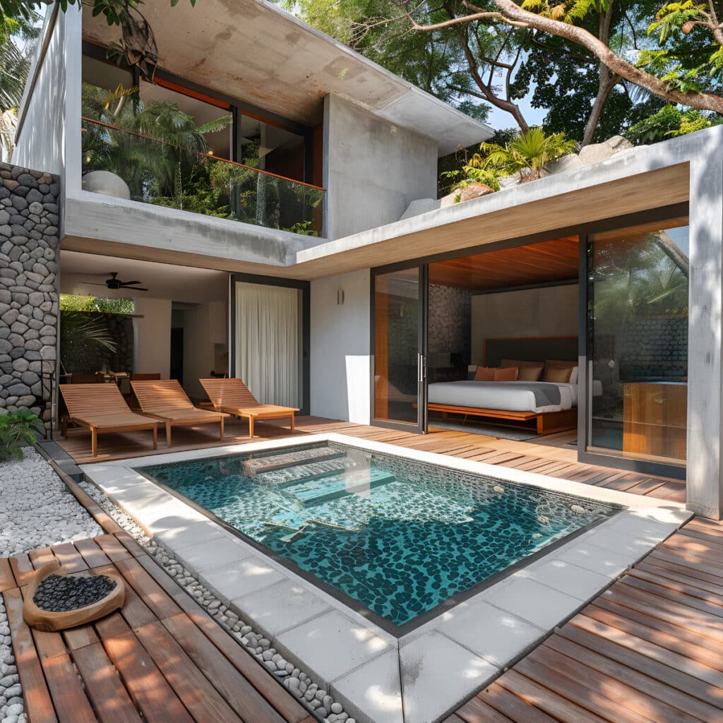 Villa moderne avec piscine privée, terrasse en bois, transats, chambre lumineuse. Design béton et nature luxuriante.